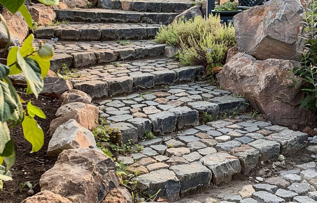 Escaliers extérieurs en pierre, béton et bois